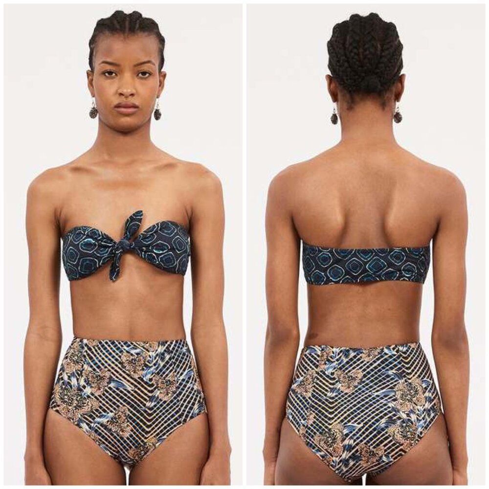 Ulla Johnson Blue and Navy Patterned Bandeau Bikini Set